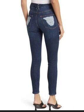 Good American High Rise Skinny Jeans 10 / 30 Dark Wash Stretch Denim Distressed